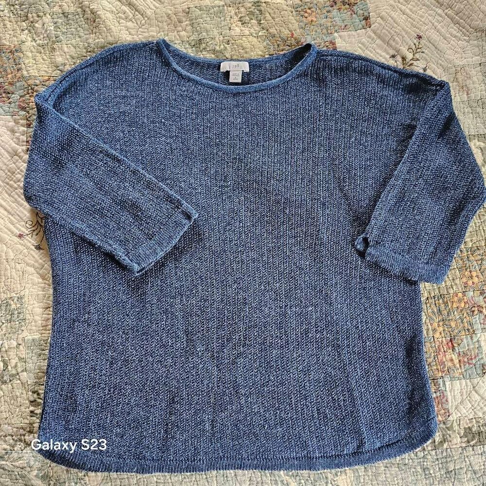 J. Jill Linen Blend Knit Sweater Women's Small Petite Blue 3/4 Sleeve Lightweigh
